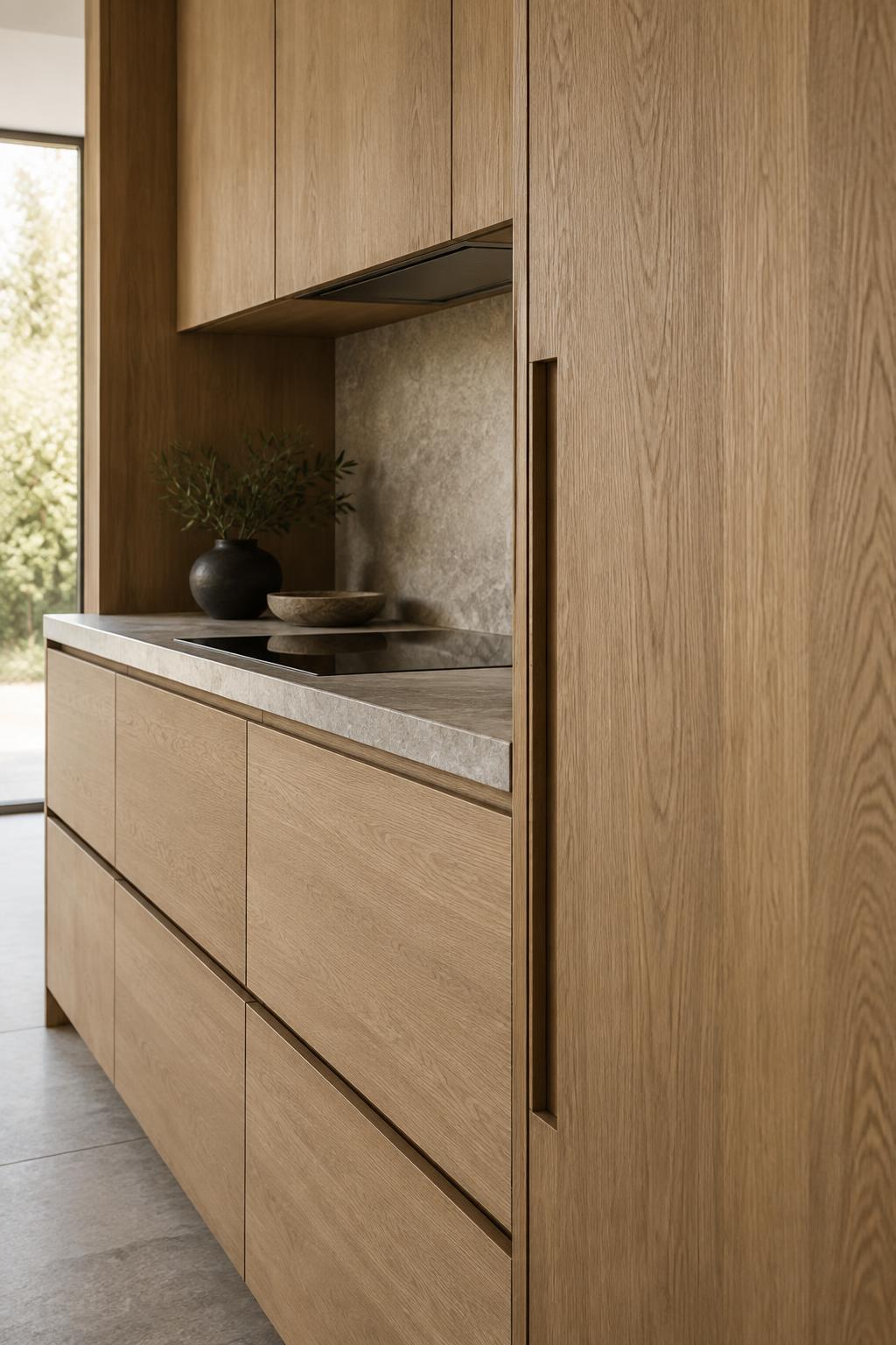 Warm oak kitchen cabinetry detail