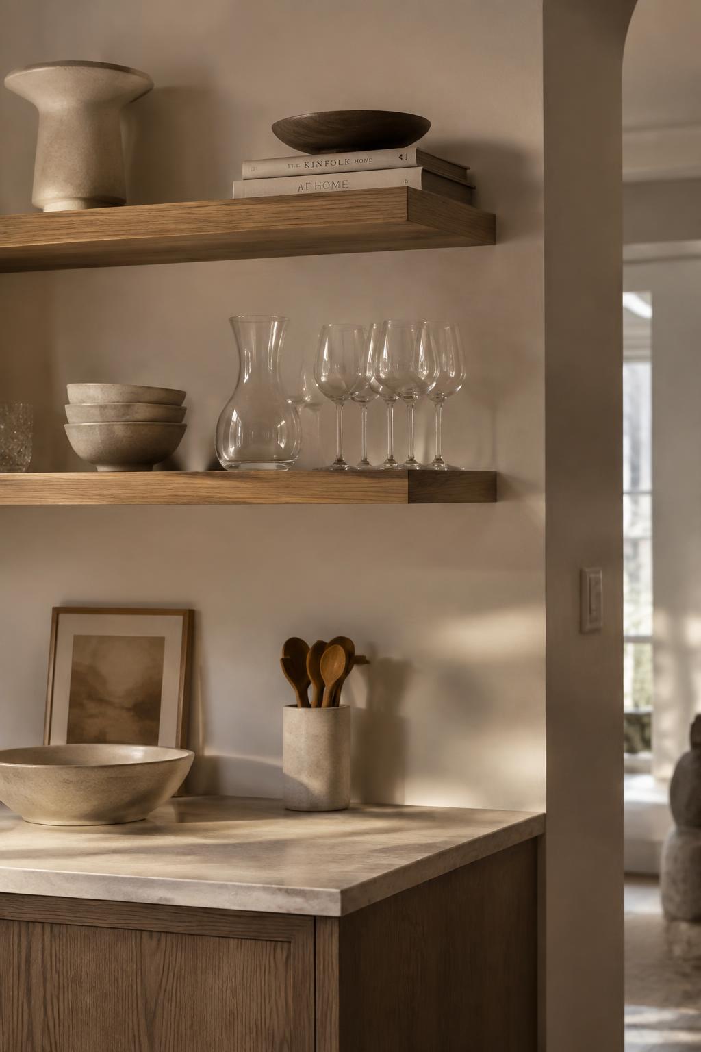 Open oak shelving with ceramics and glassware above a stone counter