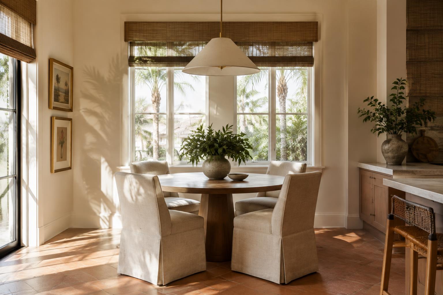 Sunlit kitchen dining nook with a round wood table and linen chairs