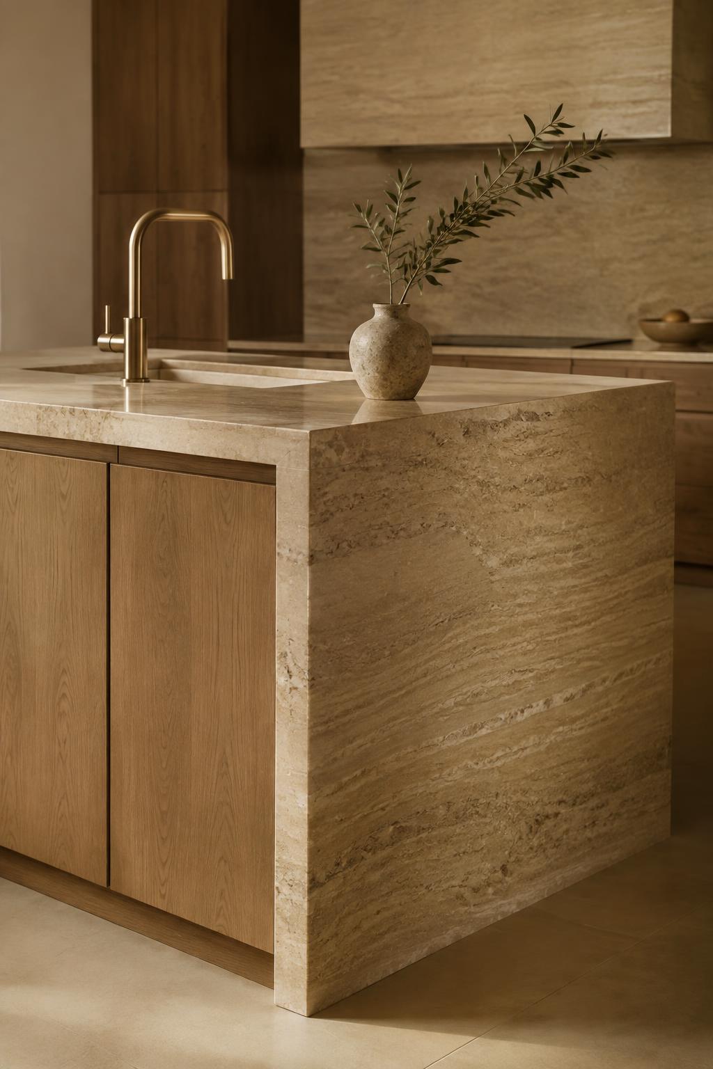 Travertine island edge with warm veining beside oak cabinetry