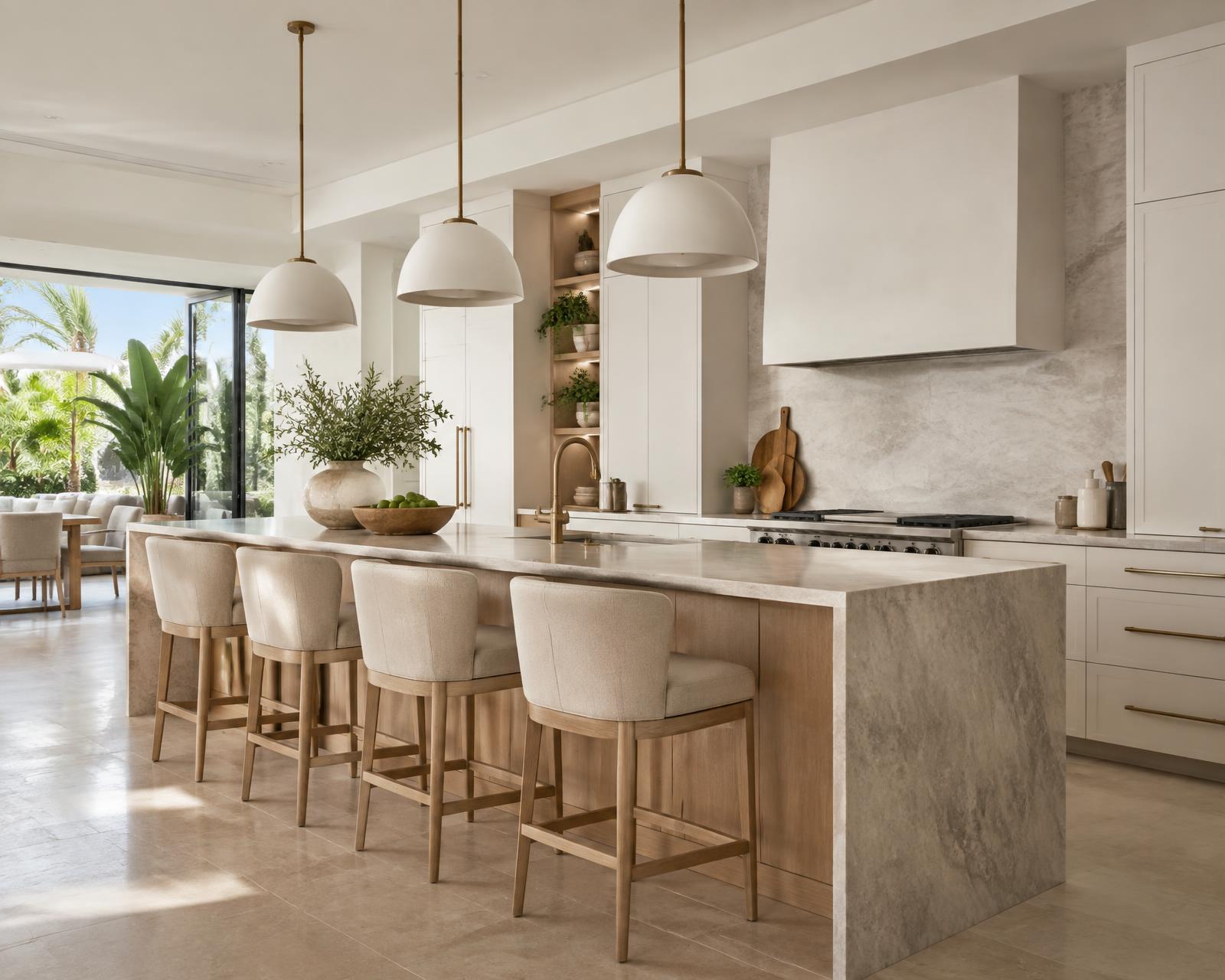 Light-filled kitchen with stone island and warm wood seating