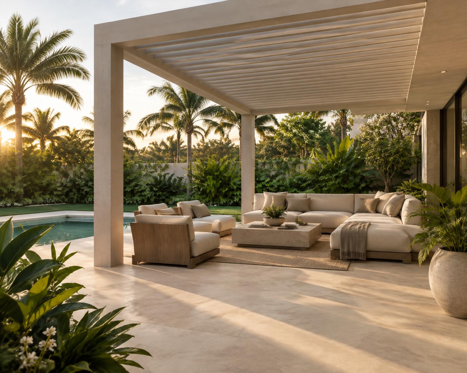 Covered outdoor terrace with a modern pergola over a smooth concrete floor and poolside seating