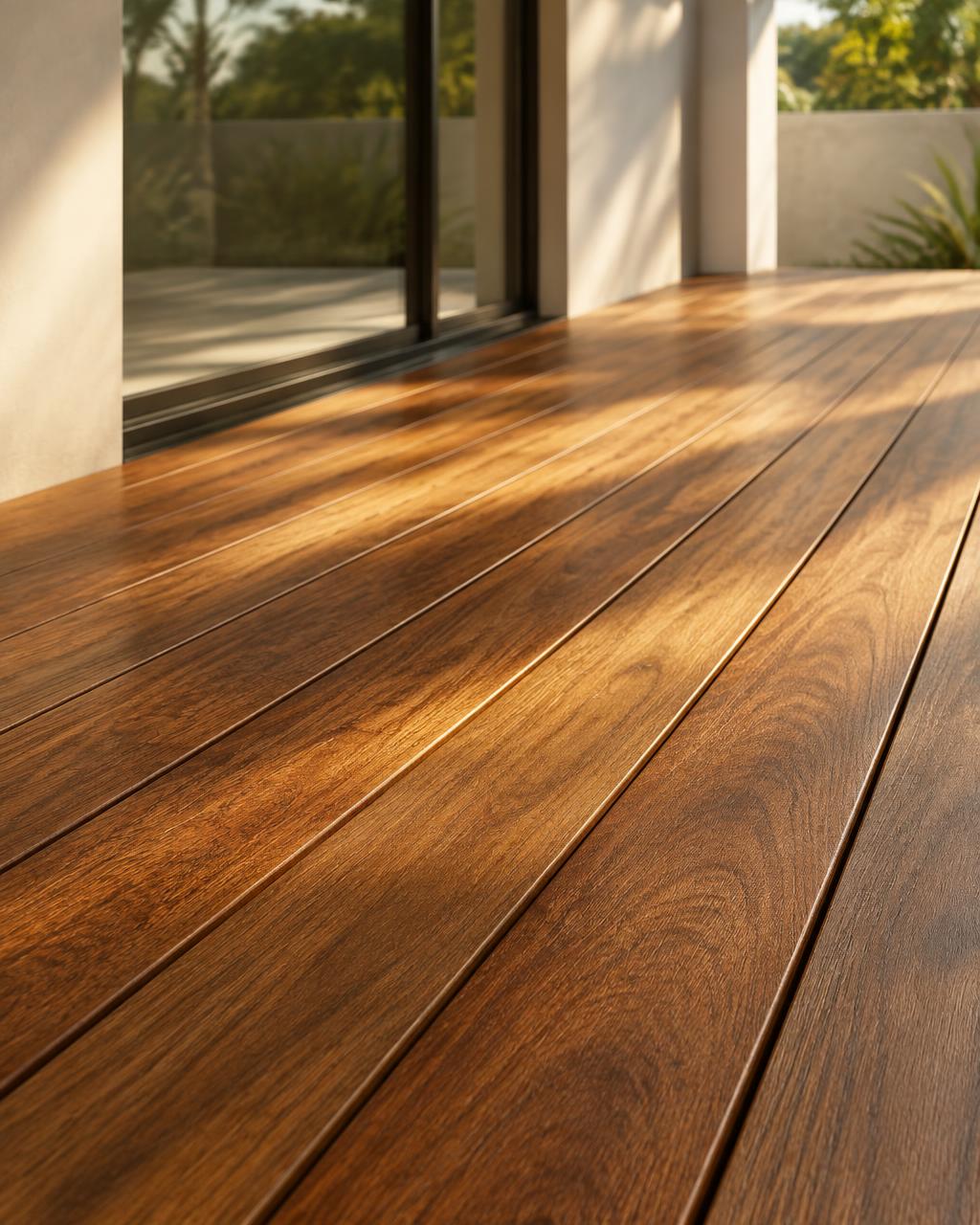 Warm hardwood decking with fine grain in golden sunlight